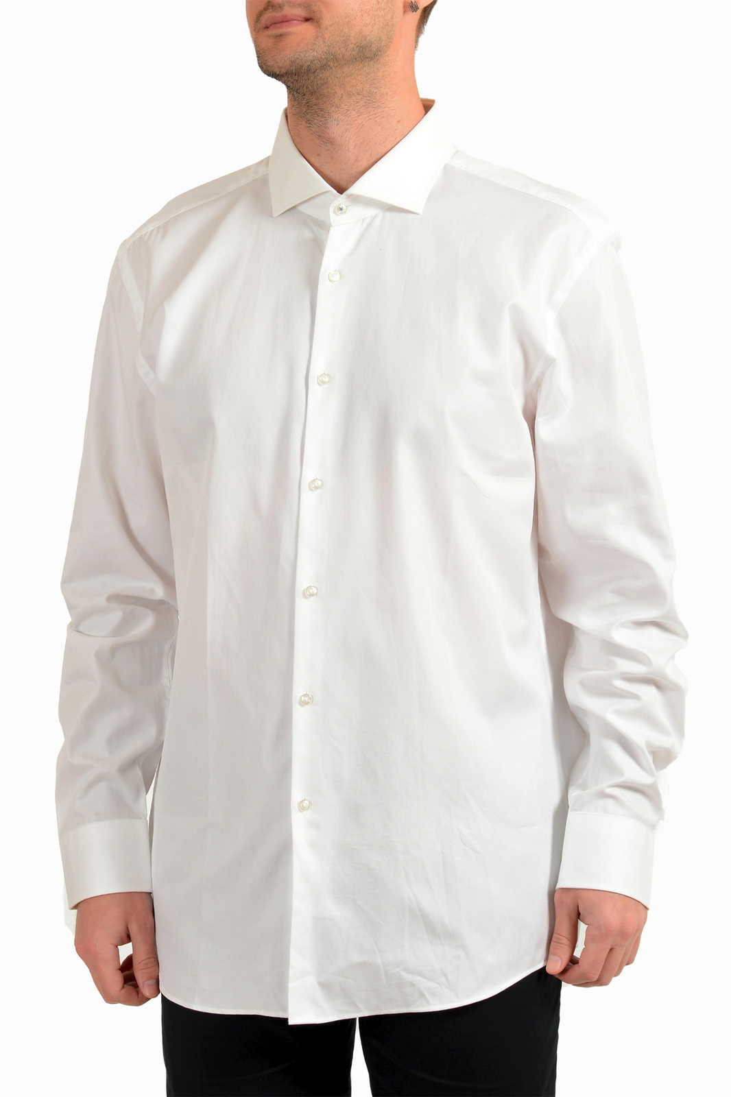HugoBossМужскаяприталеннаябелаярубашкаJerrinSlimFitсдлиннымрукавомUS18IT46