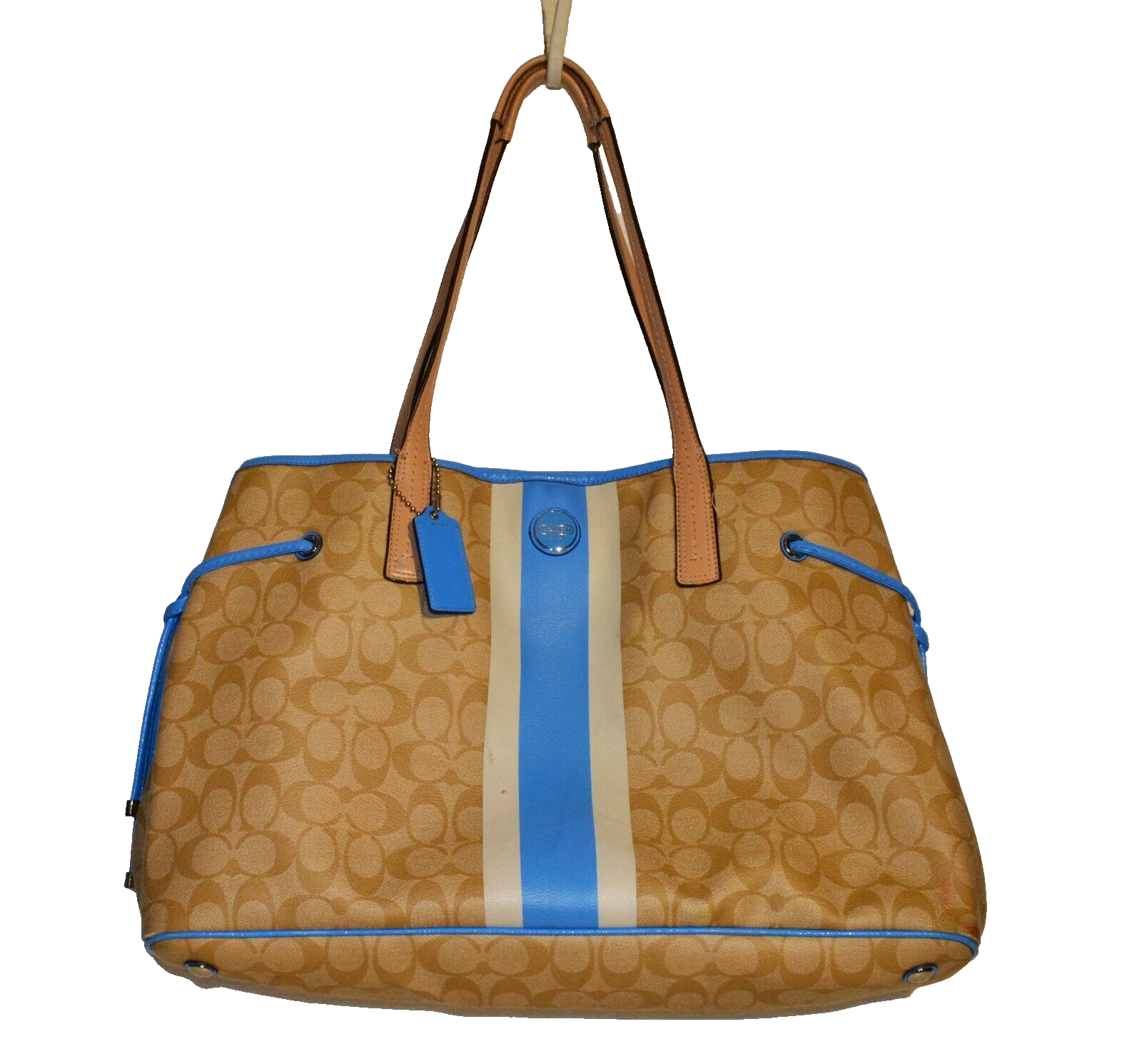 Coach Signature Strip PVC Beige Blue Large Carryall Tote Shoulder Bag