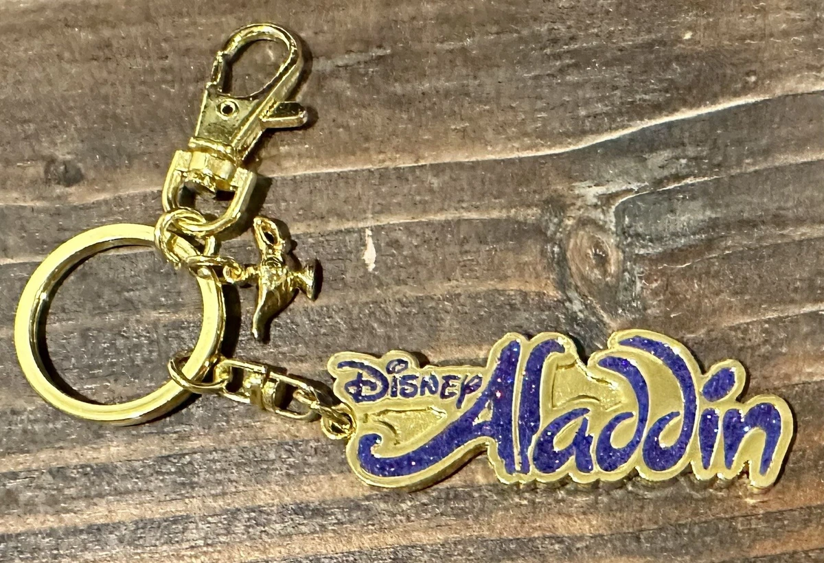 Disney ALADDIN Keyring Keychain Gold Sparkly Glitter Purple w Genie LAMP Vtg