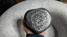 Hand Painted Rock / Stone - Mandala silver black gray "love peace joy"