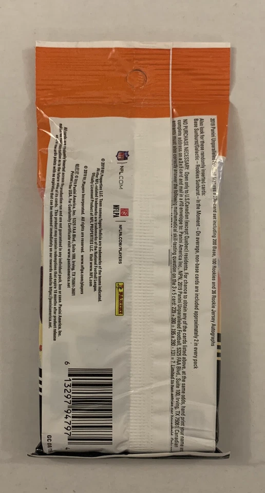 2019 Panini UNPARALLELED Football 20 Card Value Fat Packs SUNBURST Parallels - Image 2 of 2