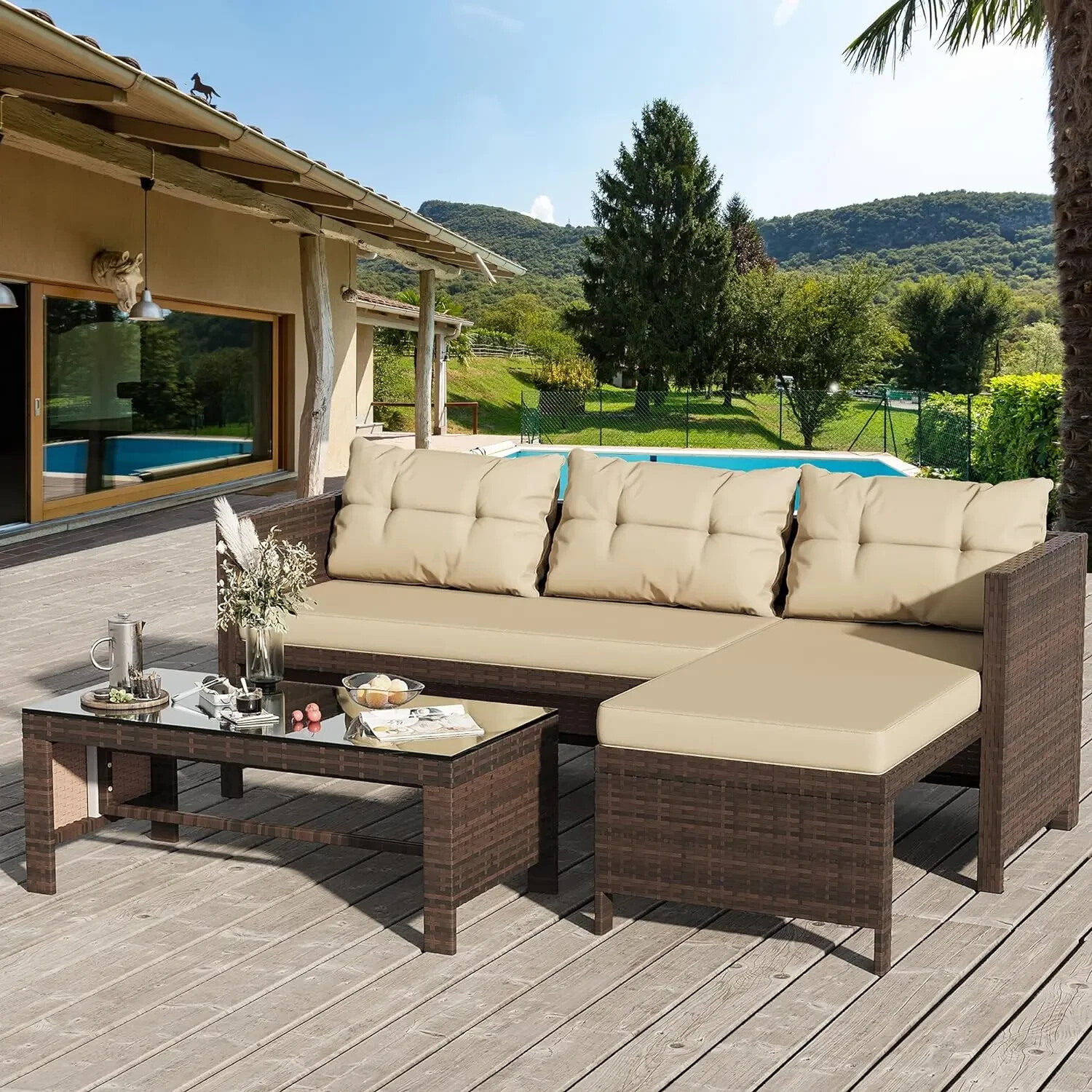 Outdoor Patio Furniture Sets3-Piece, All Weather Wicker Rattan Patio Sofa