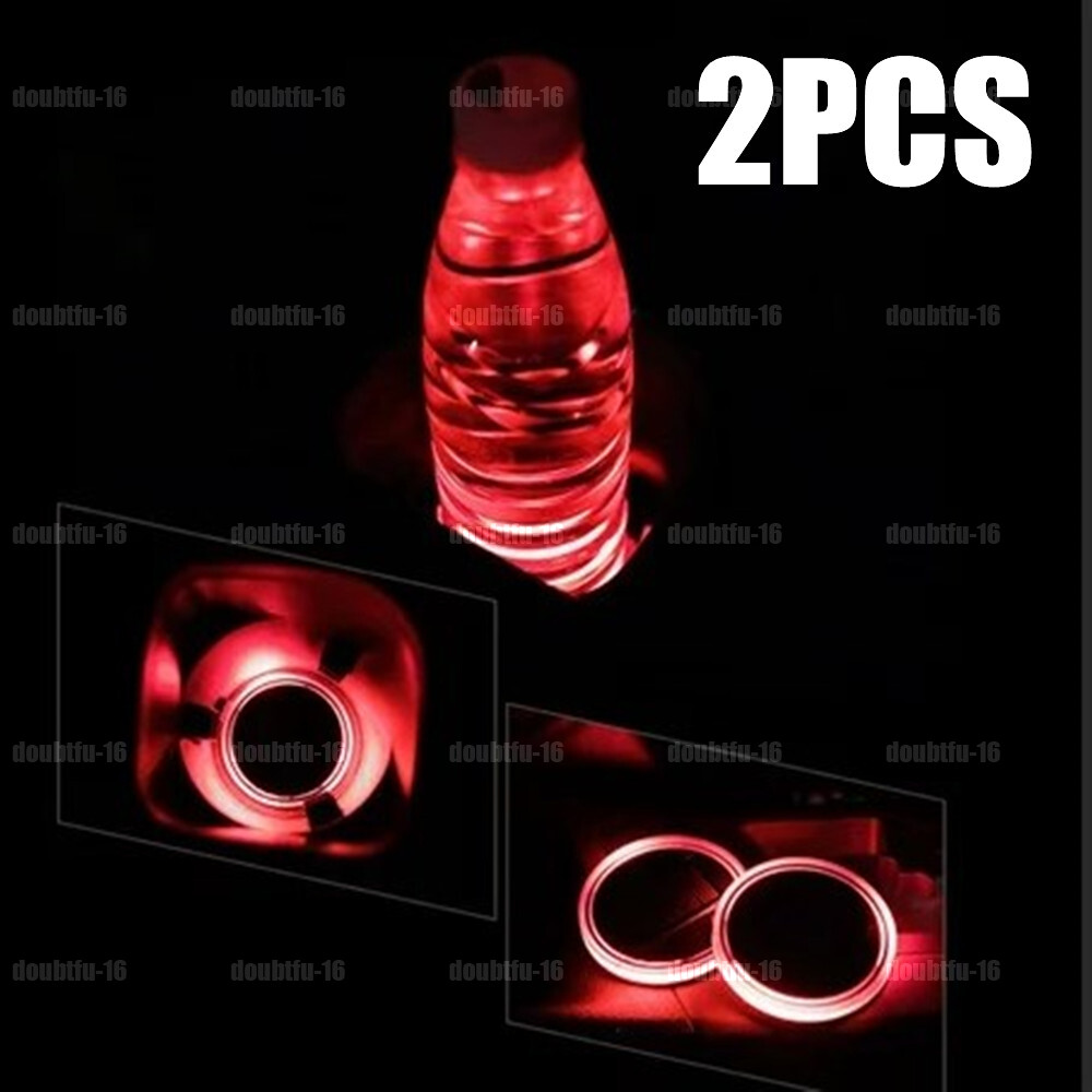 2x Red LED Solar Cup Pad Car Interior Decoration Parts Cover Light Accessories