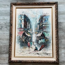 Original Oil Painting - Asian Street Scene with Rickshaw, Textured Canvas Art
