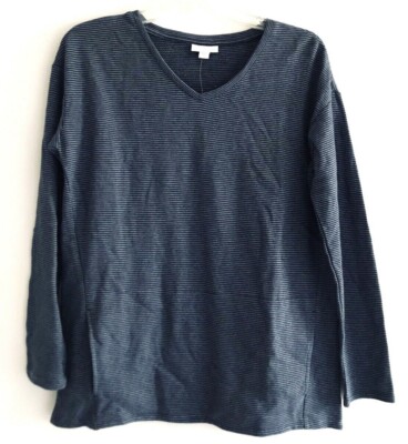 Purejill J Jill Stripe V-neck Top Womens Size XS Blue Cotton Kangaroo Pocket