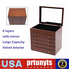Big 6-Layer Wooden Jewelry Storage Box Watches Necklace Case Cabinet w/ Drawers