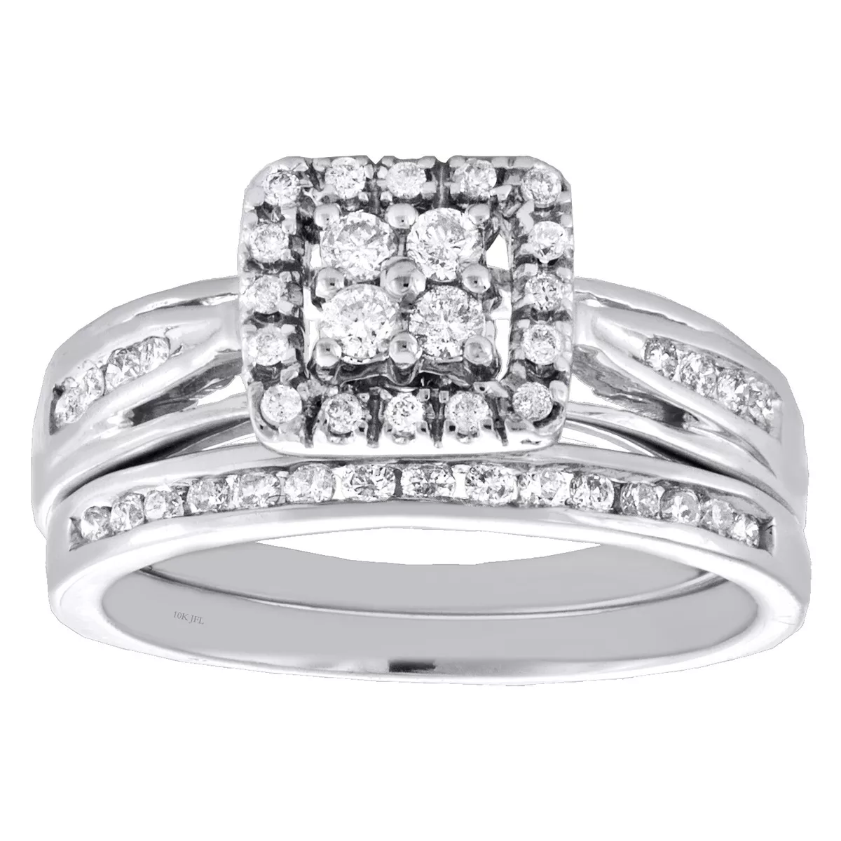 10K White Gold Diamond Bridal Set Square Halo Engagement Ring