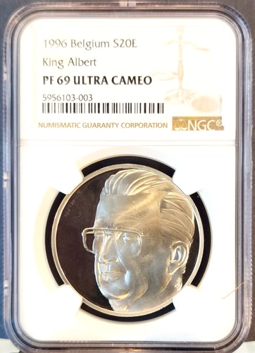 1996 BELGIUM SILVER 20 EURO KING ALBERT NGC PF 69 ULTRA CAMEO TOP POP