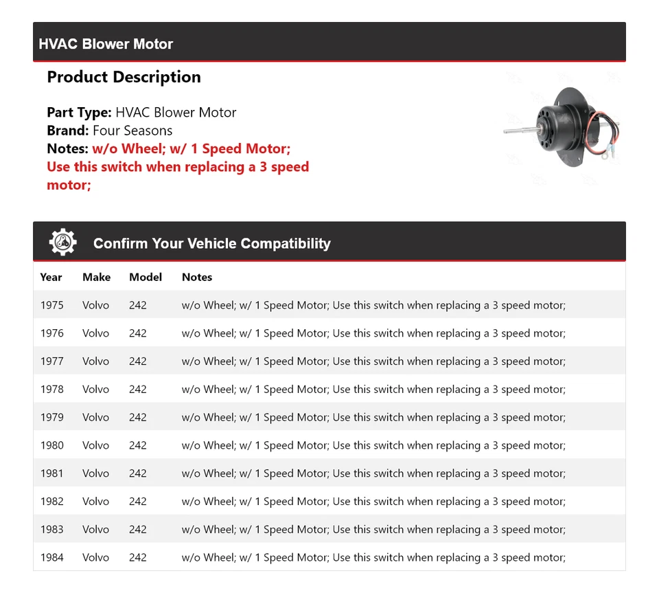 Motor soplador de climatización Volvo 242 1975-1984 4 estaciones 1976 1977 1978 1979 1980 Foto 2 de 4