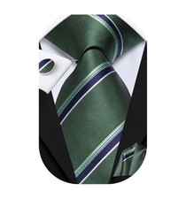 Mens Paisley Striped Tie and Handkerchief Cufflinks Tie Set Green Blue White