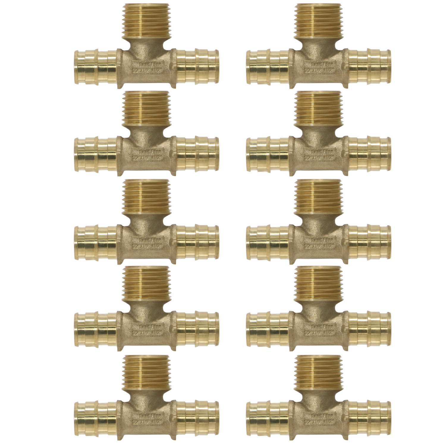 10 Pack XFITTING 1/2" Pex A Male Tee, MNPT Expansion Tee, Lead Free Brass