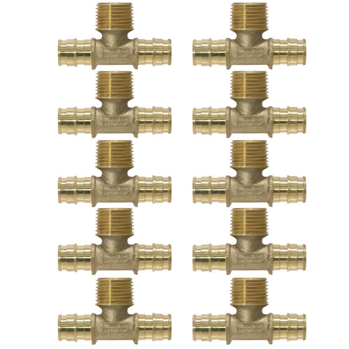 10 Pack XFITTING 1/2" Pex A Male Tee, MNPT Expansion Tee, Lead Free Brass