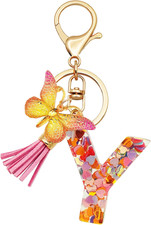 Initial Letter Keychains for Girls Women Pink Purple Green Cute Butterfly Heart