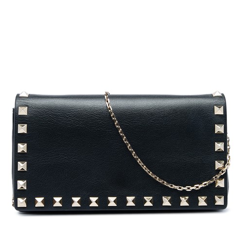 Valentino Calfskin Rockstud Wallet On Chain Pre-Loved Crossbody Bag Black