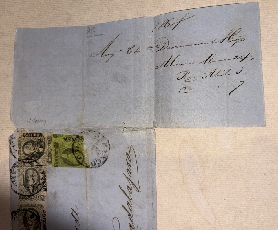 Mexico cover to Guadalajara March 24 1864 vertical pair of 2r + single 2r + 1r - Image 3 of 3