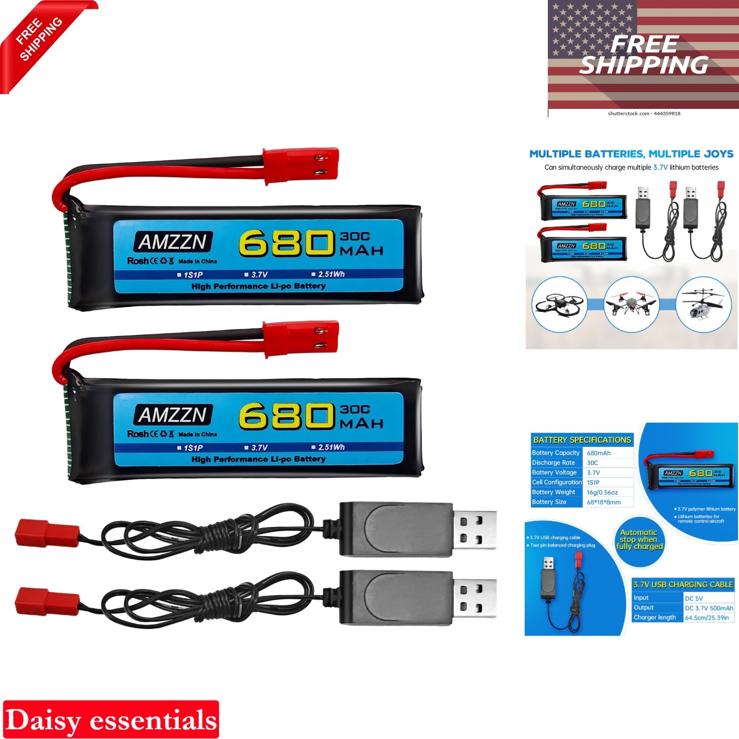 2PCS 3.7V 680mAh RC Drone Battery with JST Plug USB Charger 