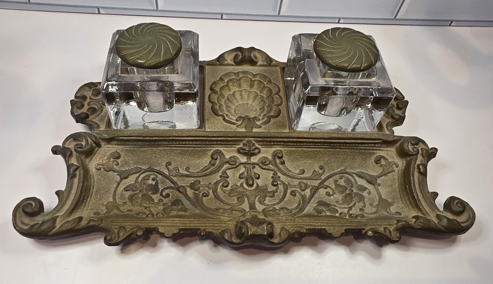 A genuine 19th-century Art Deco brass-and-crystal cut inkwell — a museum-worthy desk centerpiece with real historical weight.