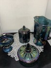 Indiana Glass Carnival Grape Blue Lot Pitcher Biscuit Jar Candy Dish Compote