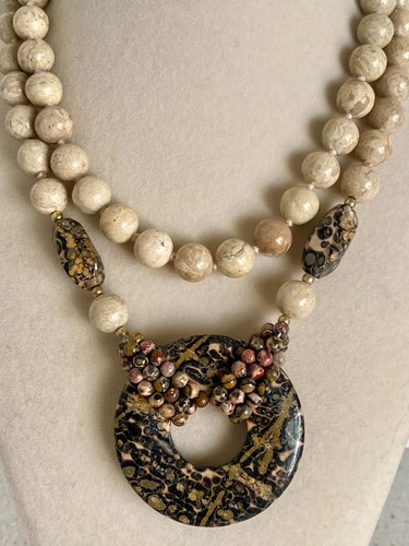 Vintage Leopard Skin & River Stone Jasper Stone Beaded Pendant Necklace 34"
