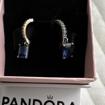 New Pandora Sparkling  Blue Rectangular Halo S925 Ale Hoop Earrings 