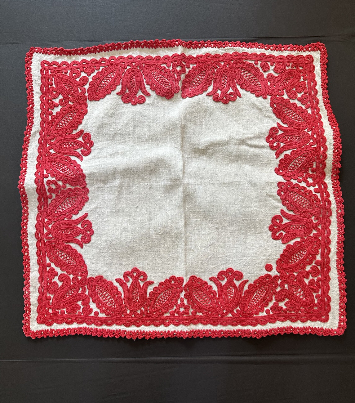 Vintage Densely Embroidered Table Mat Handmade Sweden 23” Red & White Christmas