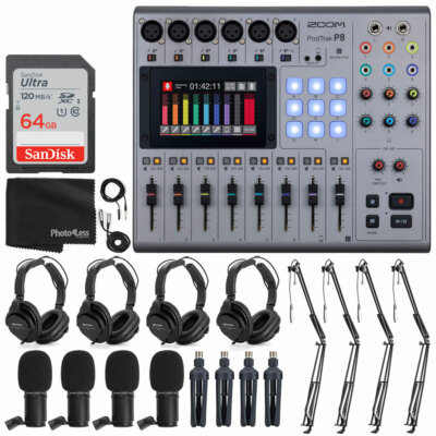 Zoom PodTrak P8 Podcast Recorder + Microphones + Headphones + Boom Arms + 64GB