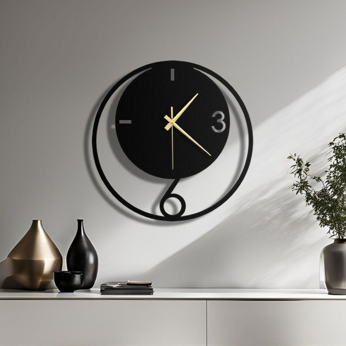 Luxury Wall Circle Clock, Office Home Decor, Gold Hands Black Metal Wall Clock