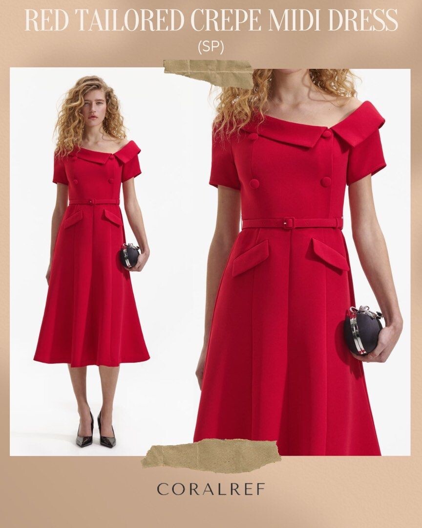 self-portrait☆Red Tailored Crepe Midi ワンピース【UK発】 SELF-PORTRAIT Off-the-shoulder bow-embellished crepe midi
