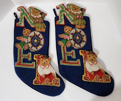 Two Vintage Christmas Stocking Wool  Needlepoint Noel Teddy Bears  Blue Velvet