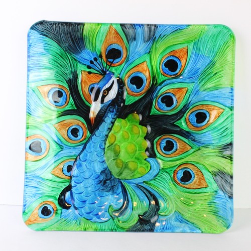 Colorful Peacock Platter Art Glass Square 12" x 12" Vibrant Multicolor Texture - Picture 4 of 4