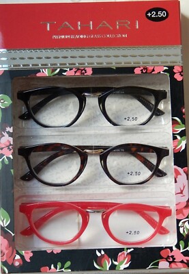 TAHARI 3-PACK PREMIUM READING GLASSES READERS +2.50 MULTI-COLOR NEW AUTHENTIC 