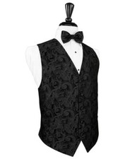 Black Luxury Silk Tapestry Paisley Tuxedo Vest and Pre Tied Bow Tie