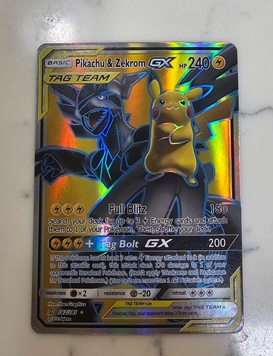 Pokemon pikachu and zekrom gx tag team card
