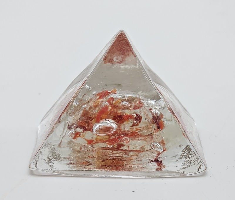 Vintage Art Glass Paperweight Orange Red In Clear Glass Pyramid 2"
