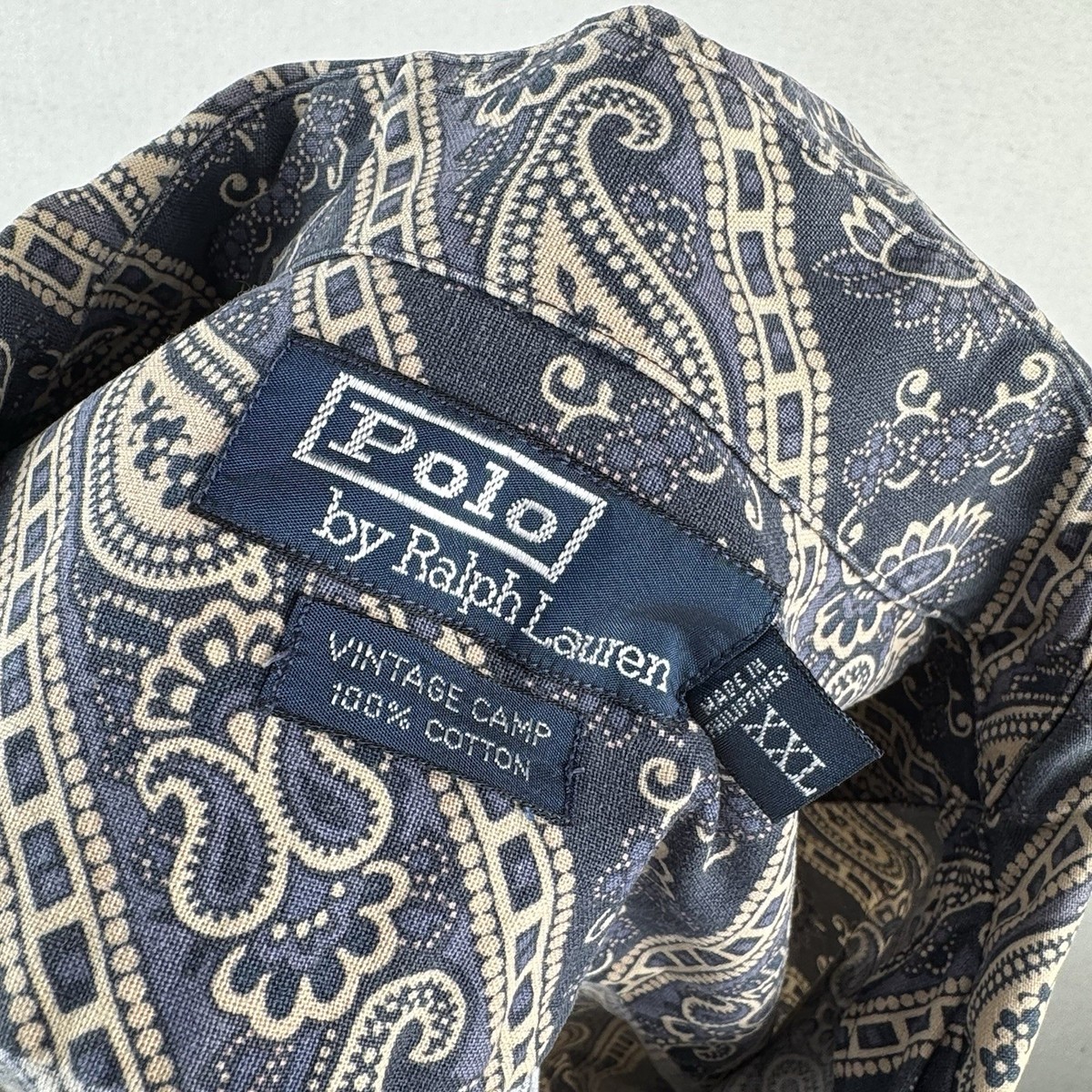 90s Vintage Polo Ralph Lauren Loop Collar Camp Shirt Blue Bandana