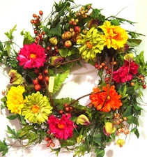RAZ Imports 24" Gerber Daisy Wreath-Yellow, Orange, Fuchsia & Green-On Vine Base