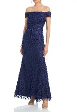 Eliza J EJ3-0475 Off the Shoulder Floral Appliqué Gown SZ 14 Navy
