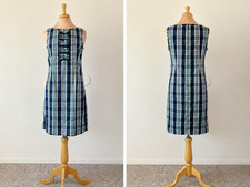 Talbots Size 6 Classic Blue/Green Plaid Sleeveless Cotton Shift Dress w Ruffle