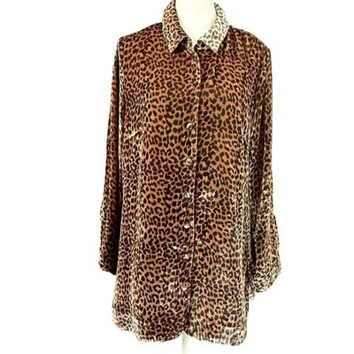 Soft Surroundings Velvet Blouse Womens M Brown Leopard Print Silk Blend Animal