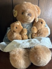 Russ Berrie Teddy Bear Plush Stuffed Animal Mom With Two Cubs Blue Floral Dress
