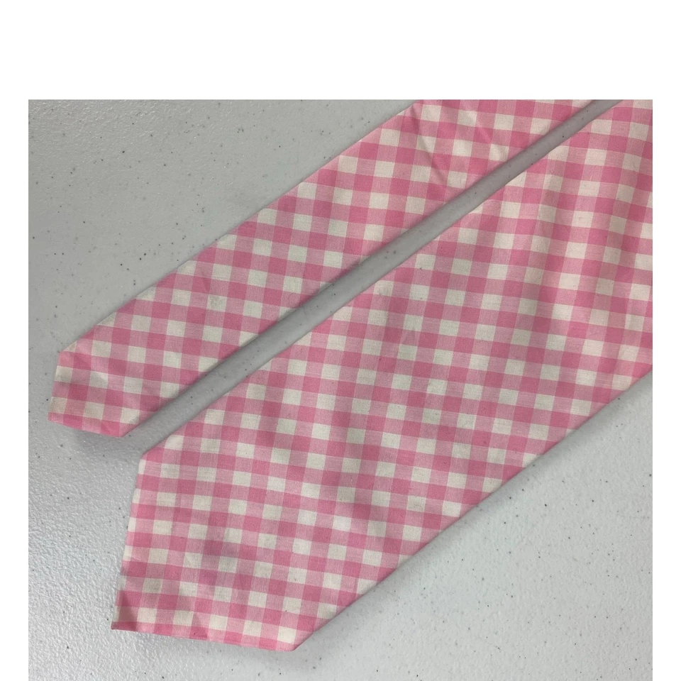 Men Ermenegildo Zegna Italy cotton pink gingham plaid check graphic neck tie - Image 2 of 4