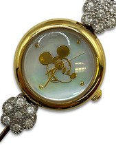 Vintage Disney Gold Tone Mickey Mouse Women  s Rhinestones Band Watch New Battery