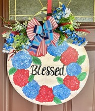 Door Hanger 18 In Round Wood Hand painted Patriotic 4th Of July Ribbon Red White