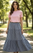 VTG Naturally Texas Maxi Skirt Prairie Country Hippie Blue W/ Heats Prints USA