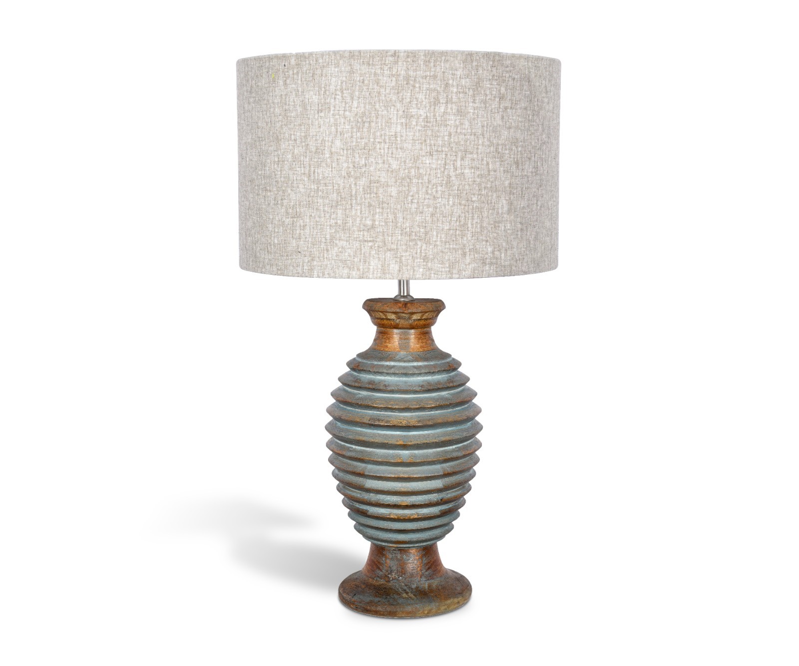 Solid Wood Table Lamp -Fabric Shade - Ariel Blue Finish - Sculptural Ribbed Base