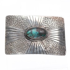 Vintage Southwestern hand stamped sterling silver belt buckle w/ nice turquoise