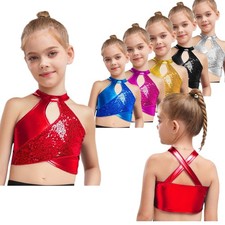 Kids Girls Tops Modern Vest Stage Blouse Sparkle T-shirt Show Crop Top School