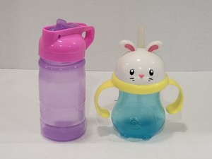2 Toddler Sippy Straw Cup Water Bottles - Bunny, Purple, Handles