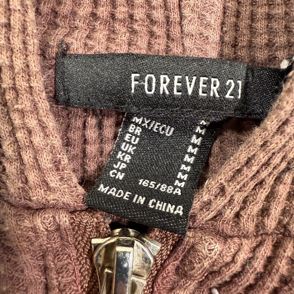 Forever 21 Sudadera con Capucha Mujer M Marrón Tejido Gofre Cremallera Recortada Manga Larga Chaqueta Foto 4 de 4