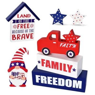 8 Pcs 4th of July Tiered Tray Decor Independence Day Wooden Block